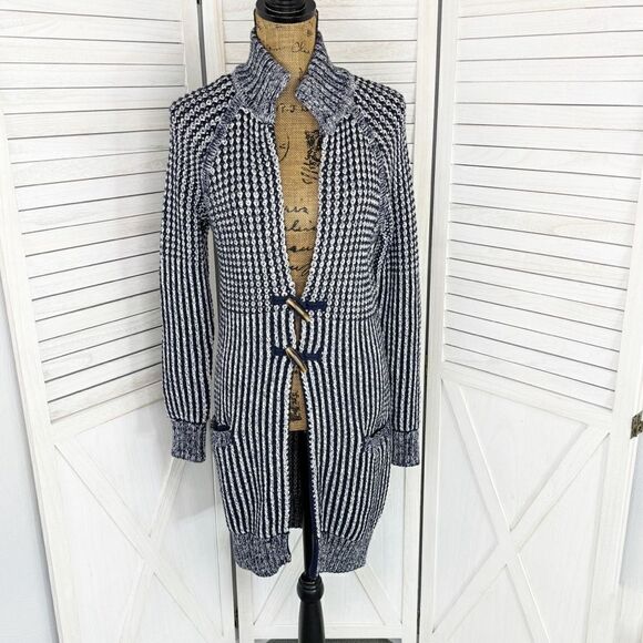 Gap Ribbed Toggle Front Long Cardigan Sweater Blue White XS Fisherman Nautical - Picture 3 of 16